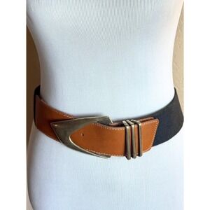 Vintage Sculptural Brass Buckle Belt Wide Leather Elastic Waist Boho